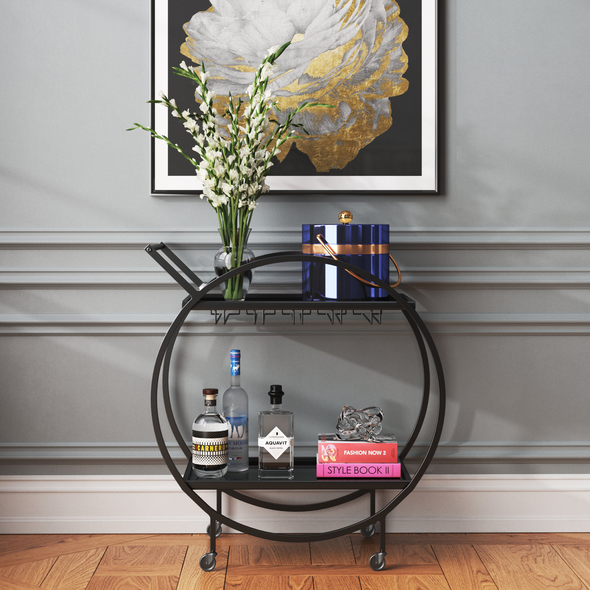 Willa Arlo Interiors Metal Rolling 2 Mirrored Shelves Bar Cart with