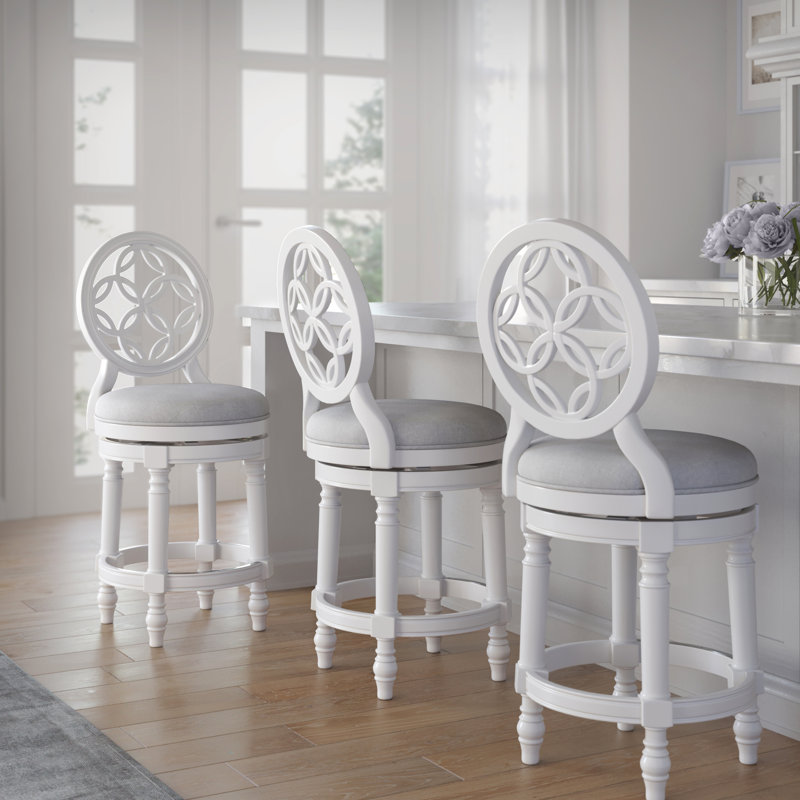 Tabouret de bar 26 po en bois à hauteur de comptoir avec dossier haut, siège rond pivotant en blanc, retour automatique à 180 degrés, pieds tournés, assemblage facile, largeur de 20,08 po, dossier blanc de 43,64 po de hauteur, siège