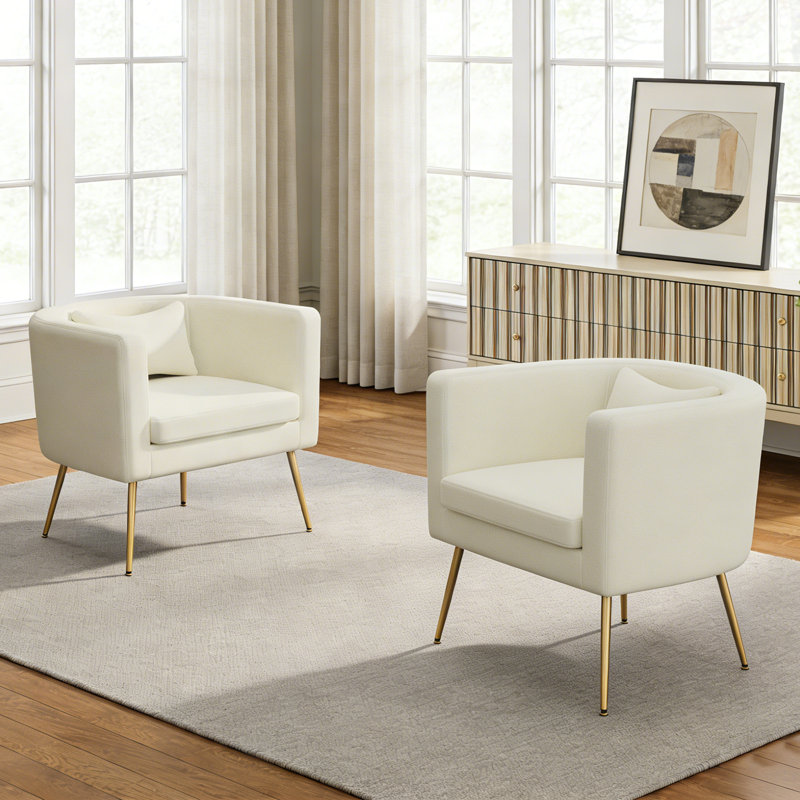 Upholstered Velvet Barrel Chair with Metal Legs, Ivory