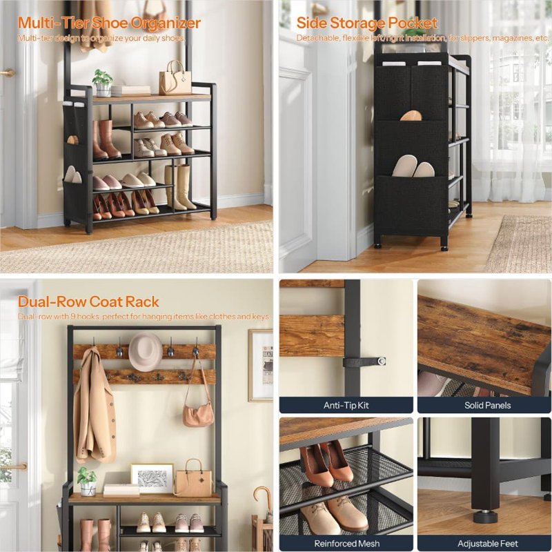Hall Tree With Bench And Shoe Storage | 5-Tier Entryway Organizer With Coat Rack & Oxford Fabric Side Pockets | Freestanding Design For Hallway, Entryway, Or Bedroom