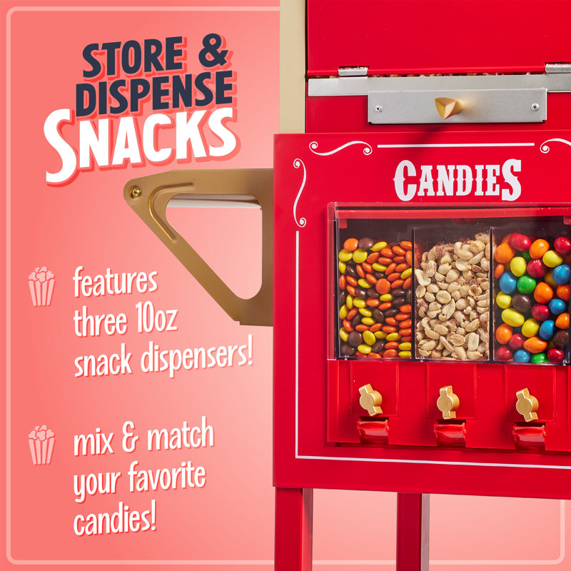 Nostalgia Popcorn Maker Professional Cart, Kettle Makes Up to 32 Cups With Candy Dispenser, Red