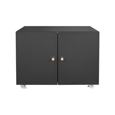 Support à 4 portes en acier noir pour mobile avec surface lisse et capacité de rangement supplémentaire