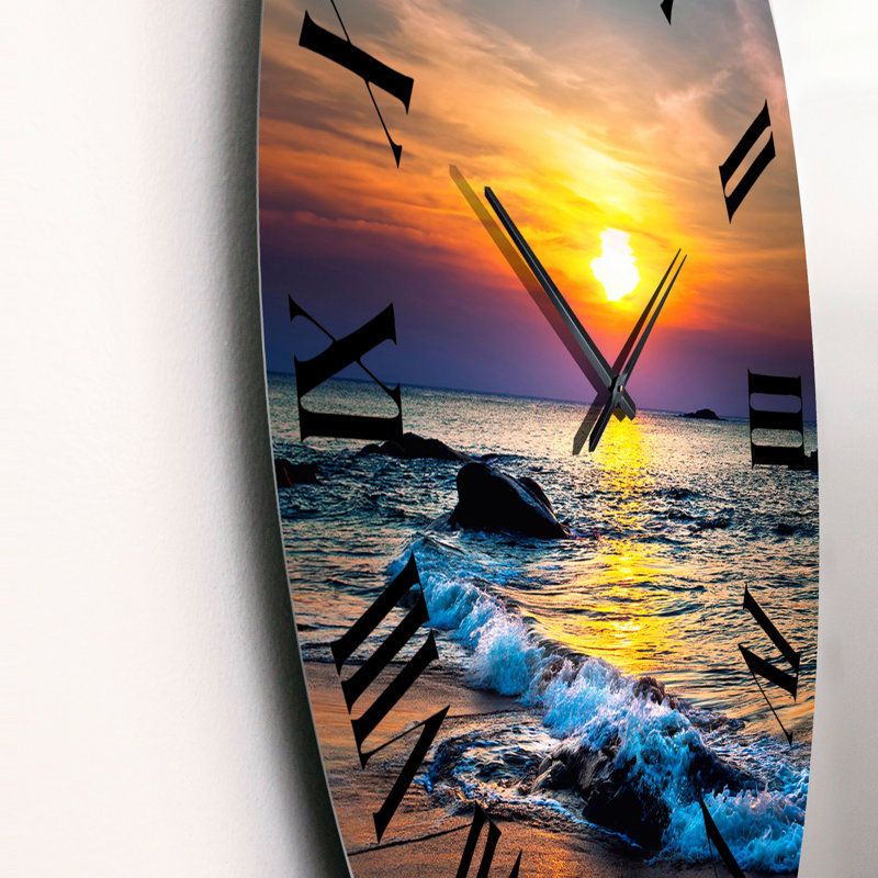 Bright Sunset Of Waves Breaking At The Shore - Nautical & Coastal wall clock, Large