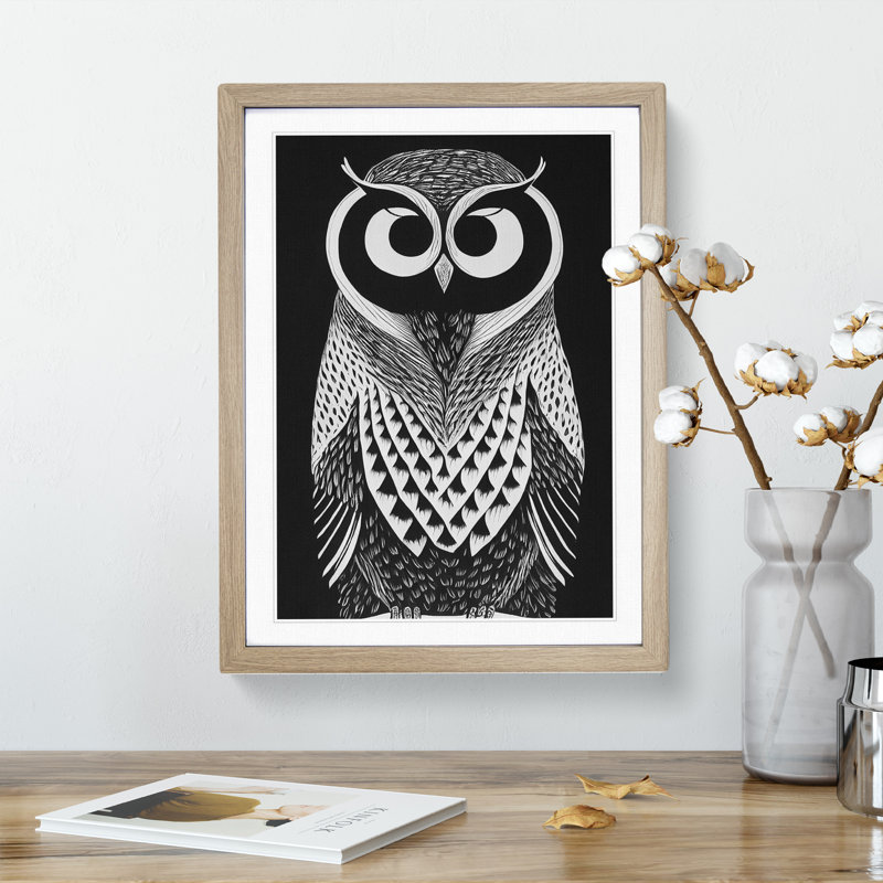 Owl Monochrome No.2 - Framed Print, 64cm H x 46cm W x 2cm D, Oak