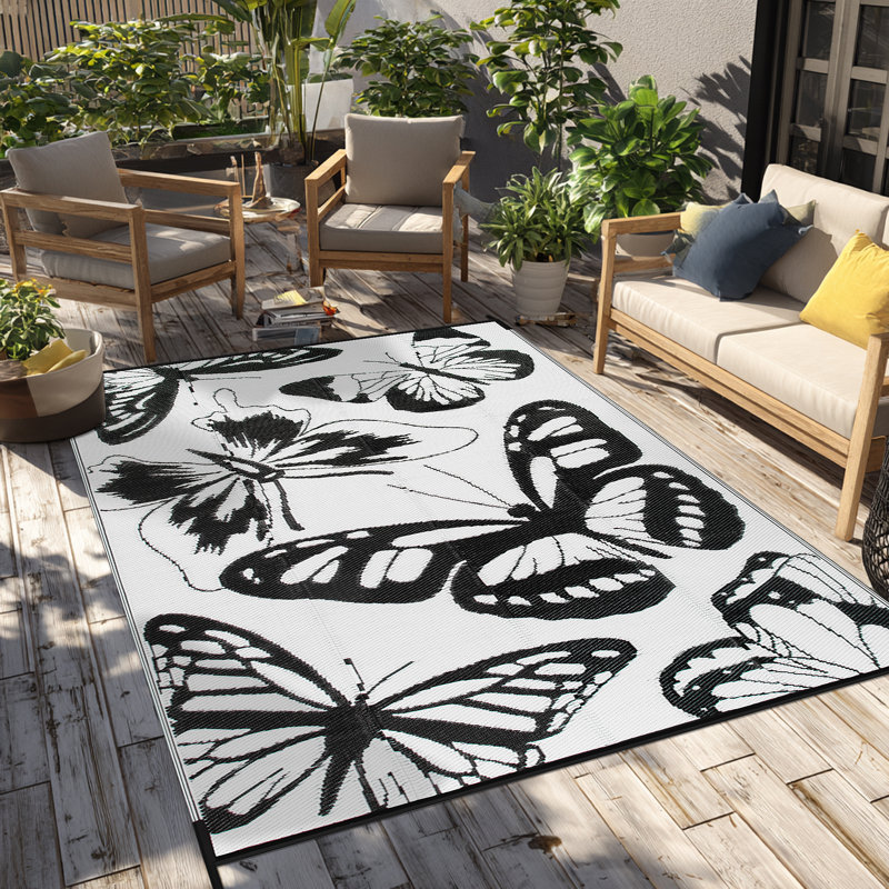 Butterfly Pattern Outdoor Rug, Waterproof PP Camping Mat, Reversible Washable Non-Slip Picnic Rug for Patio, Garden, Beach and RV