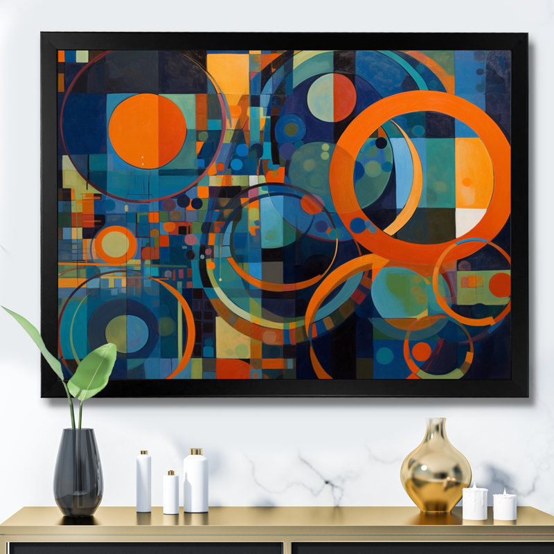 «Orange Blue Geometrie Unleashed II - Abstract Shapes», art mural, H 12 po x l 20 po x P 1 po, Cadre photo noir simple