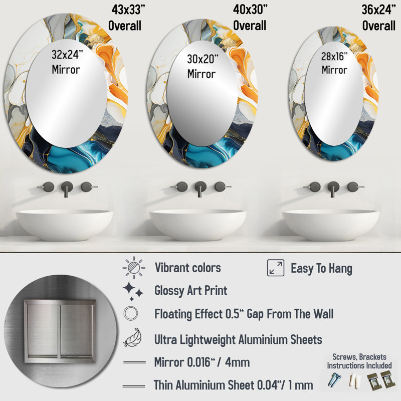Bleu et jaune encre liquide Abstraction harmonie I - miroir mural ovale bleu, H 43 po x l 33 po