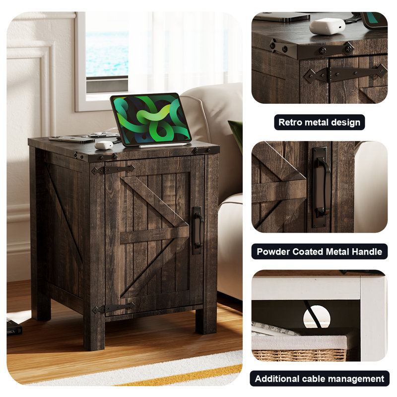 24'' Tall Farmhouse End Table With Charging Station, Wood Nightstand With Adjustable Shelf, Built-in Outlets, Dark Rustic Oak