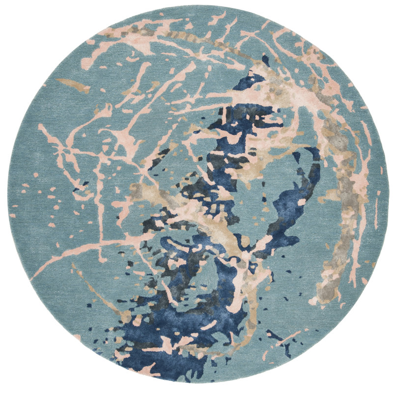 Amier Hand Tufted Viscose/Wool Abstract Rug in Blue/Light Pink, Round 6'