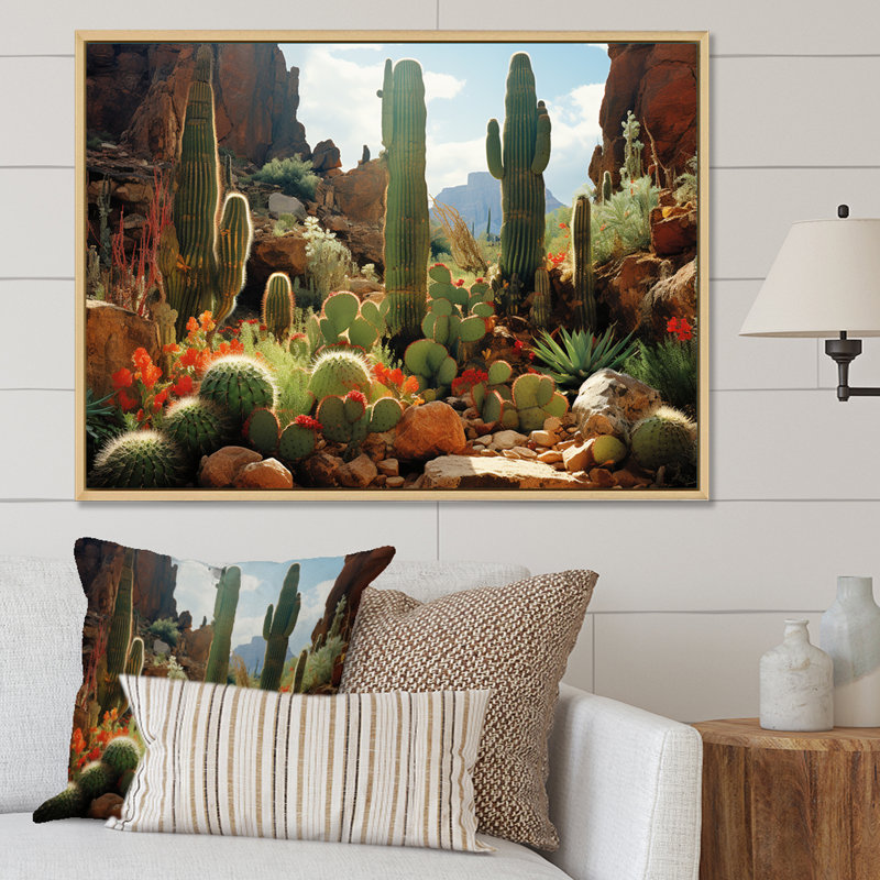 Cactus vert en fleurs au Nevada - Art mural floral cactus, H 12 po x l 20 po x P 1 po, Cadre flottant blanc