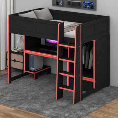 Gaming Loft Bed With Built-In Desk, Ladder, Wardrobe, LED Light Strips And A Drawer