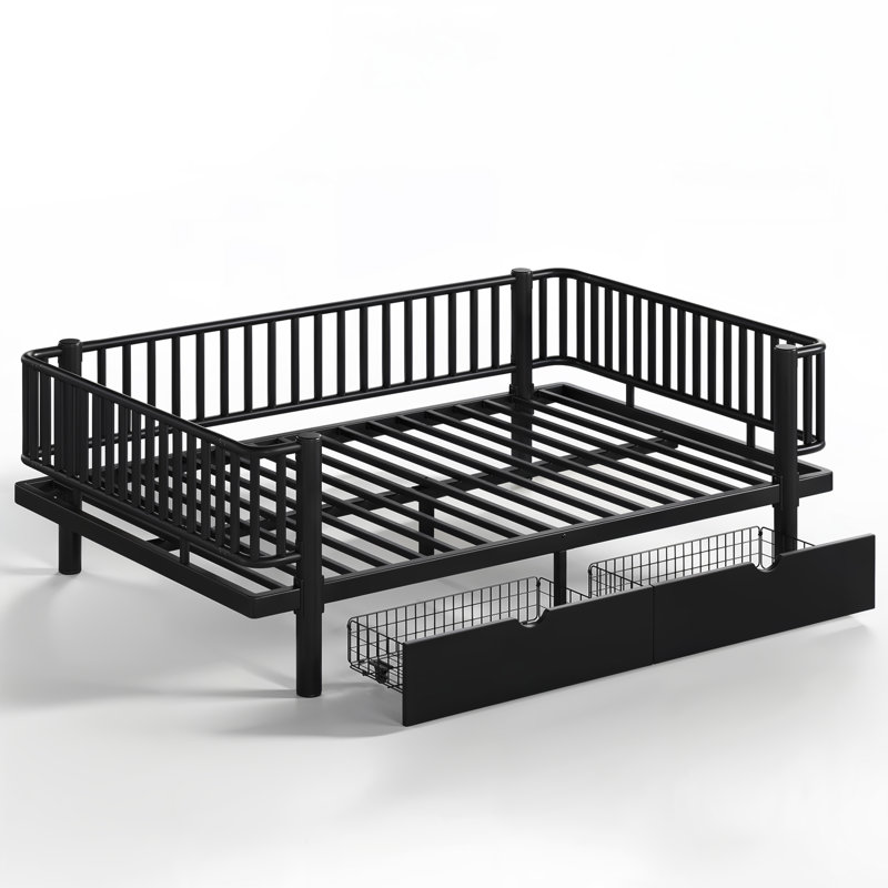 Lit plateforme double avec tiroirs de rangement, structure de lit de jour en métal avec conception de tuyau rond de sécurité améliorée, conception à profil bas