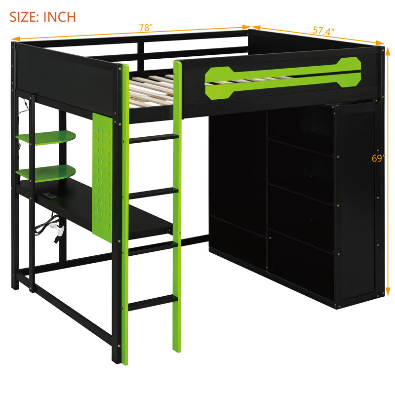 Full Size Wood Loft Bed with Desk, Open Wardrobe and RGB Light, Green, Green