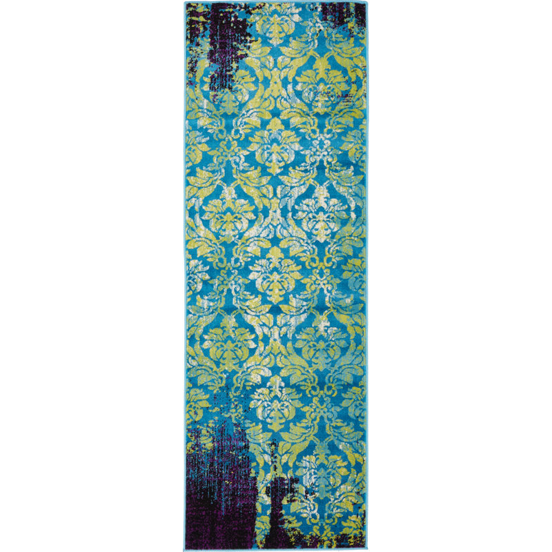 Tapis bleu / noir / vert clair / violet / ivoire Yareli, Tapis de couloir 2 pi x 6 pi 1 po