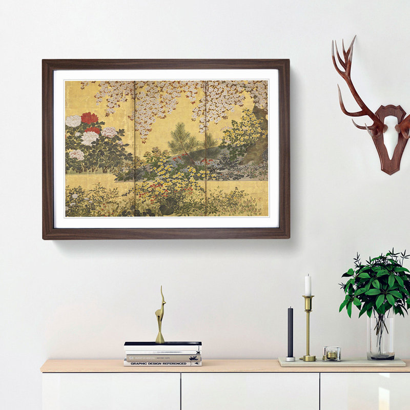 Flowers and the Butterflies by Tawaraya Sotatsu - Picture Frame Painting Print, 36cm H x 48cm W x 2cm D, Walnut Framed