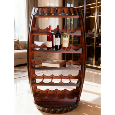 Support à vin rustique en bois en forme de tonneau avec accents cloutés, pouvant contenir 23 bouteilles de vin horizontalement et doté d'une tablette supérieure pratique