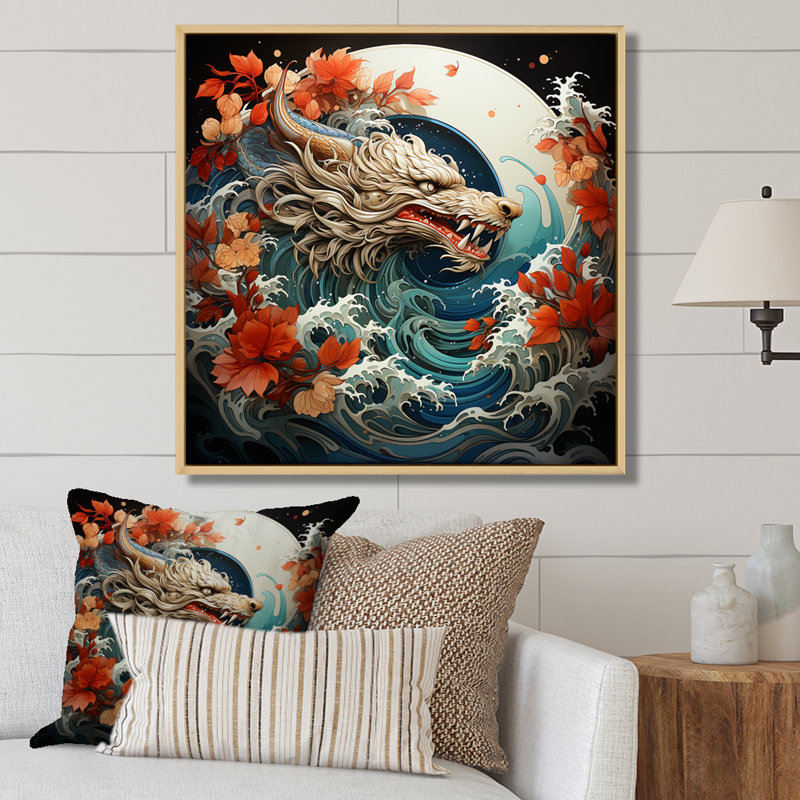 Vague de dragon japonais au large de Kanagawa II - Dragons, art mural, Cadre photo blanc, H 30 po x l 30 po