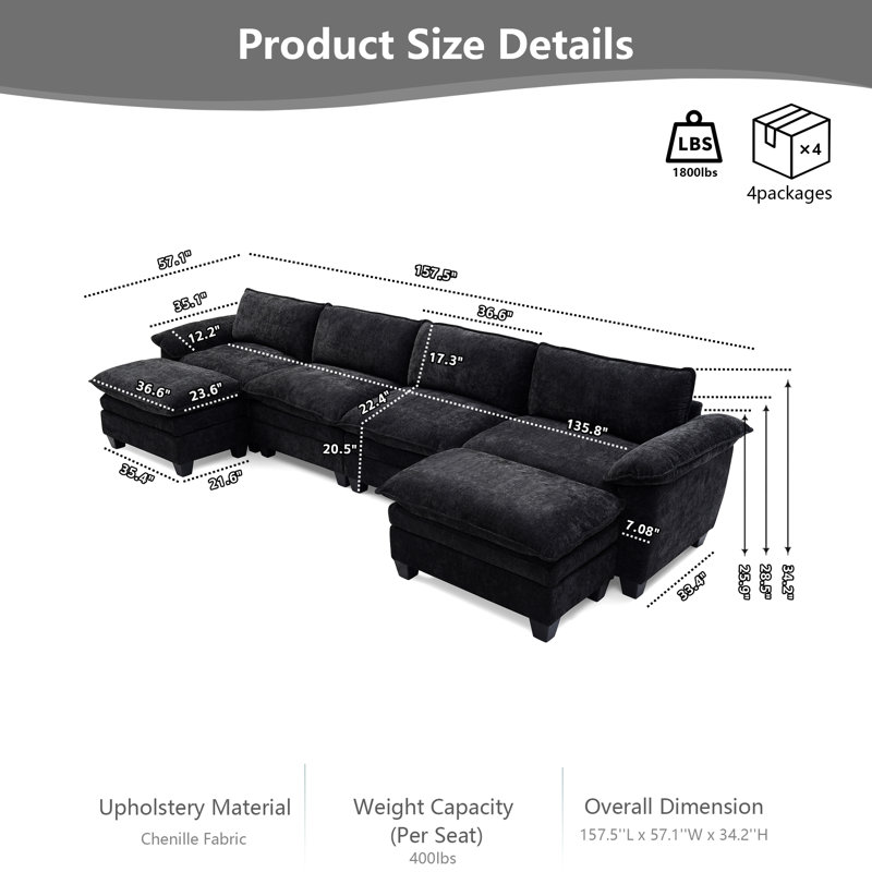 Canapé modulaire modulaire en forme de U avec deux repose-pieds, canapé en chenille quatre places avec ressorts ensachés, housses lavables amovibles et canapé à combinaison libre