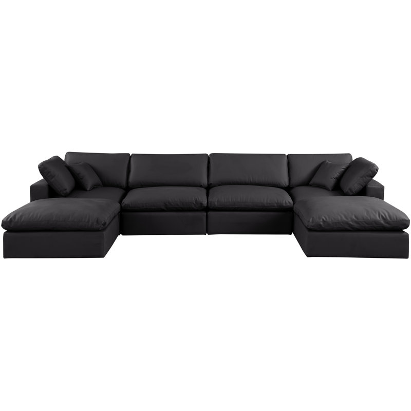 Hivay 160" Wide Faux Leather Reversible Modular Corner Sectional with Ottoman, Black Vegan Leather