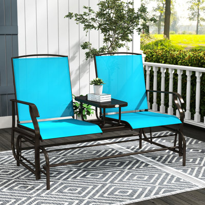 Backyard Garden Glider Bench With Center Table - Blue Metal Frame Patio Double Gliding Enjoyment, Breathable Fabric, For Porch, Poolside And Construction Garden, Backyard, Porch Pleasure,