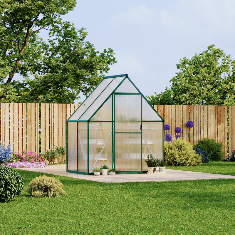 Serre 6 po x 4 pi en polycarbonate, cadre en aluminium renforcé robuste, évents de toit et latéraux, gouttières intégrées, serre extérieure à assemblage rapide pour le patio, vert