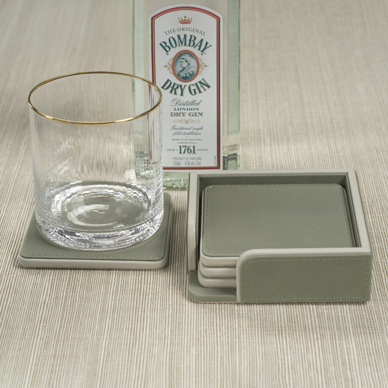 Nappa Leather 4-Piece Coaster Set on Tray, Sage & Gray