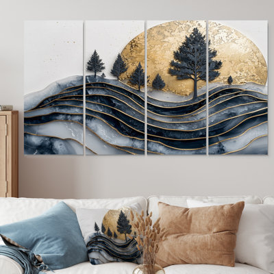 «Golden Sunrise Forest in Marble Field Landscape», art mural forêt, art mural traditionnel, toile 4 pièces