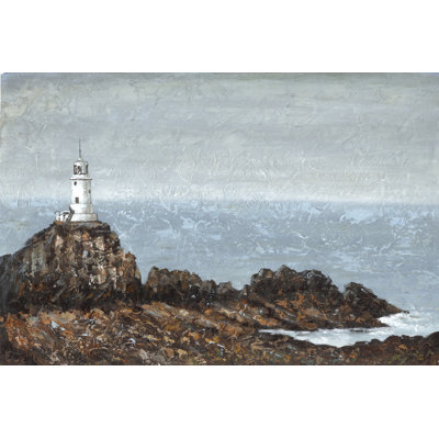 Painted Brown Lighthouse Shoreline - Wrapped Canvas Art Prints