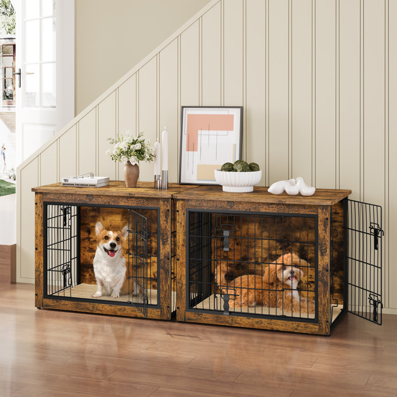 Dog Crate Furniture with 2 Doors, 64cm H x 80.5cm W x 55.5cm D, Rustic Brown/Black