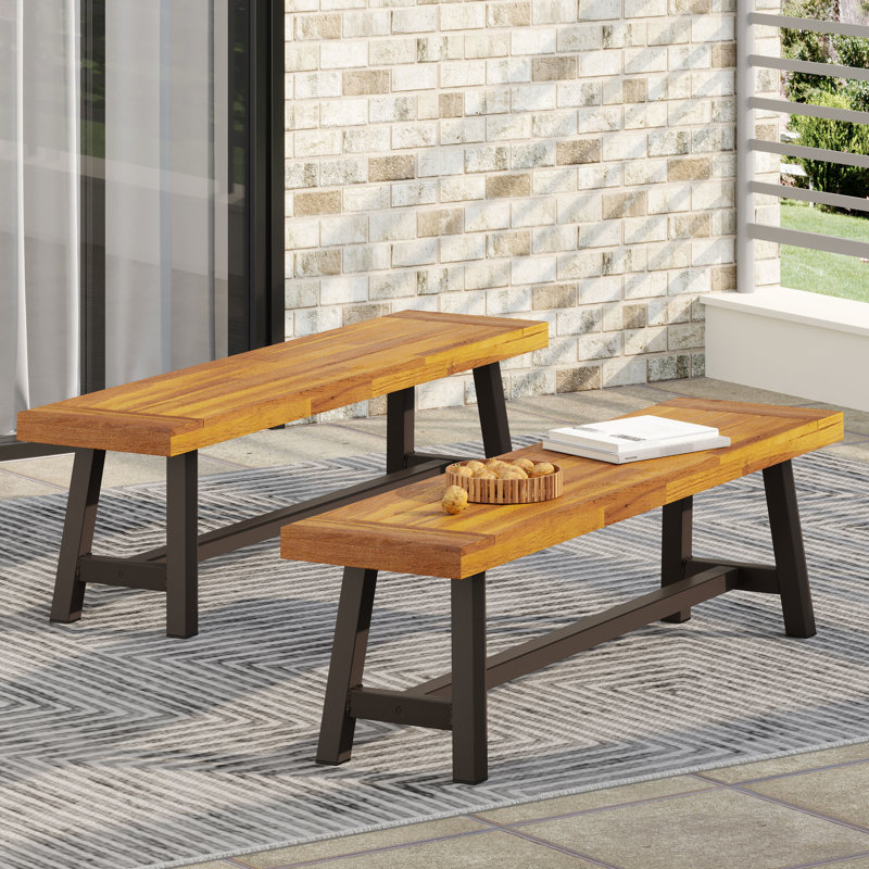 De 2 bancs d'extérieur, style industriel moderne, métal rustique et bois, paire de bancs à panneaux à lattes brun, panneau de style, brun