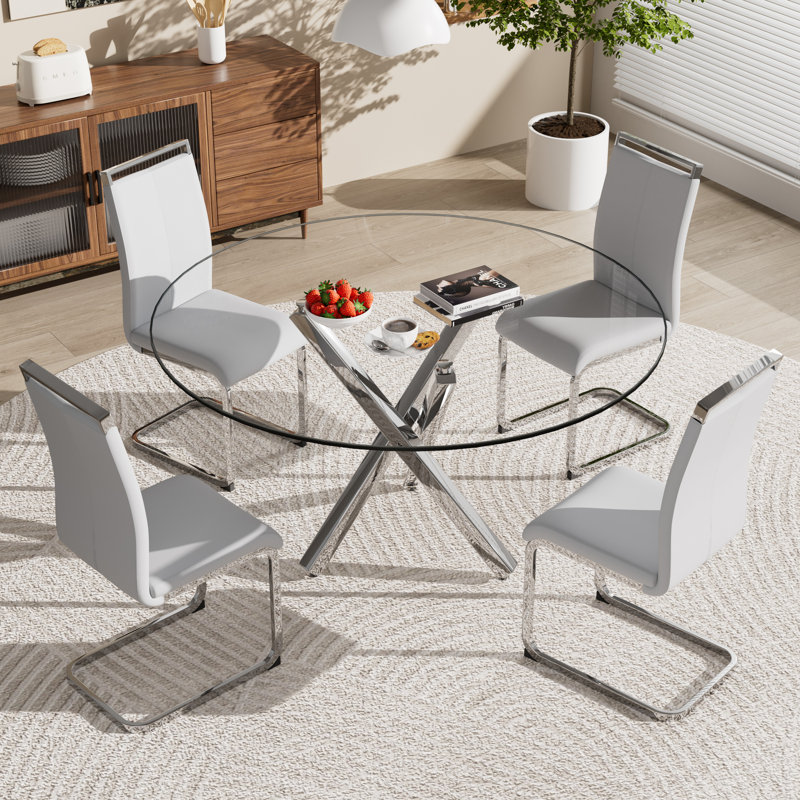 Ensemble de table de salle à manger, table ronde en verre trempé et 4 chaises rembourrées., 5, Gris clair
