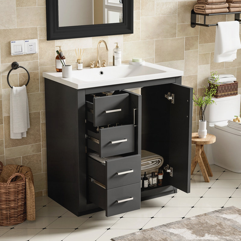 Meuble-lavabo 30 po avec lavabo en céramique et armoire de rangement en bois massif, 30", Noir