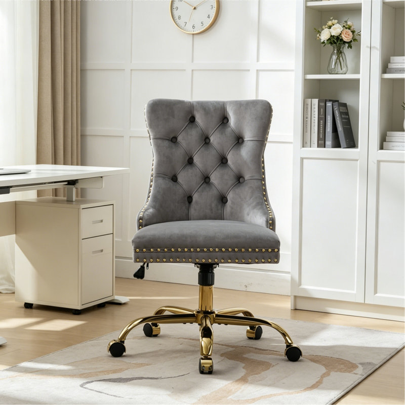 Desk Chair Swivel Office Chair With Wheels And Nailhead Trim, Gray