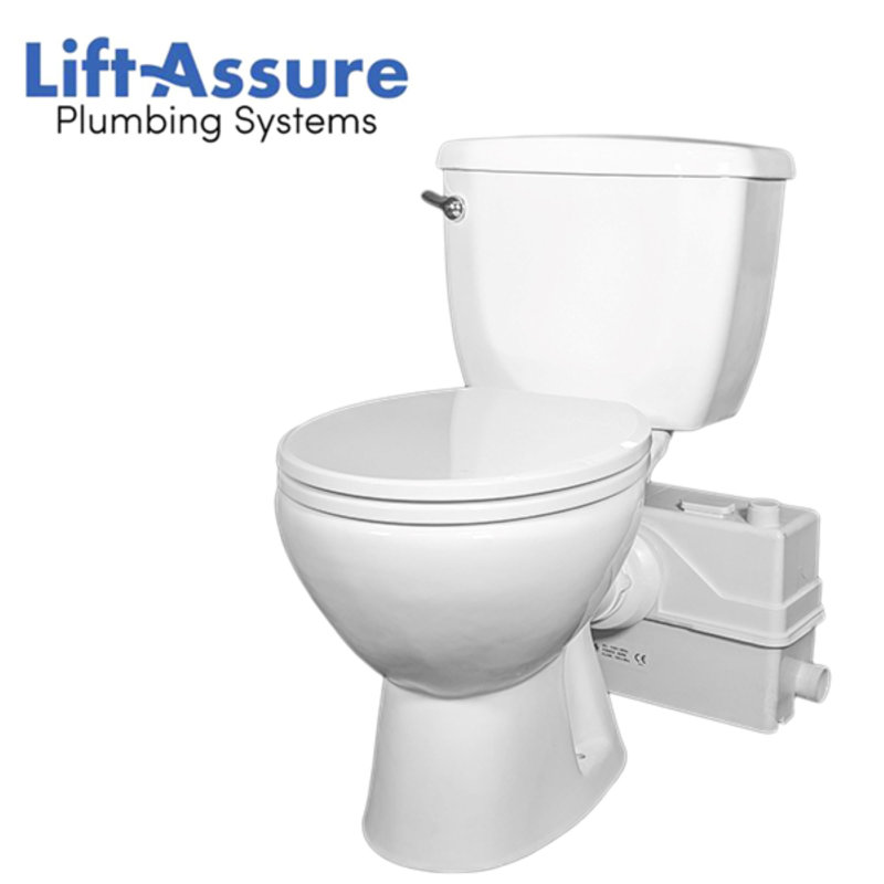 Lift Assure Round Three-Piece Toilet Kit with 1.1HP/ 800W UpFlush Macerating Pump for Basement Bathroom