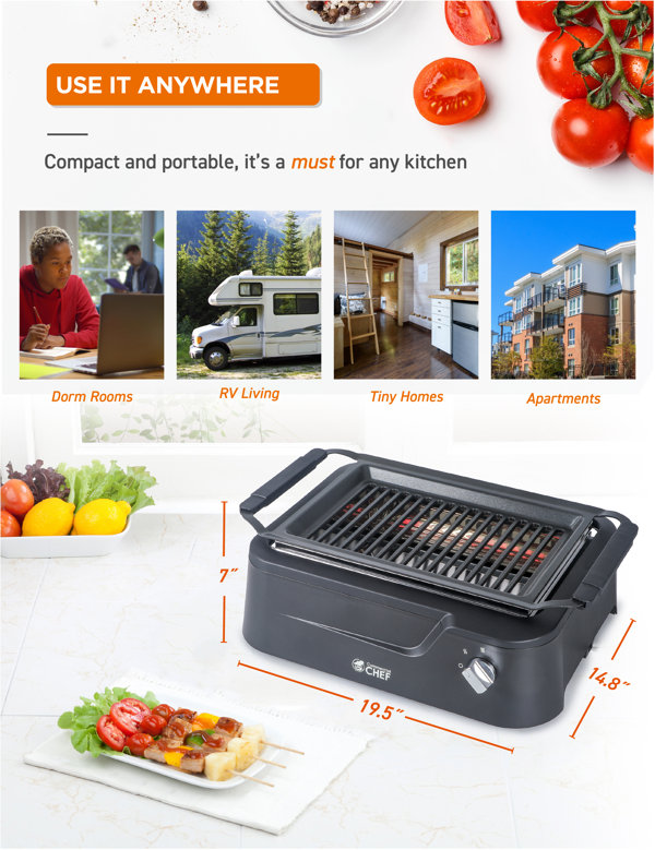 COMMERCIAL CHEF Indoor Grill for Tabletop, Countertop or Kitchen, 1600W  Electric Grill with Adjustable Temperature Control