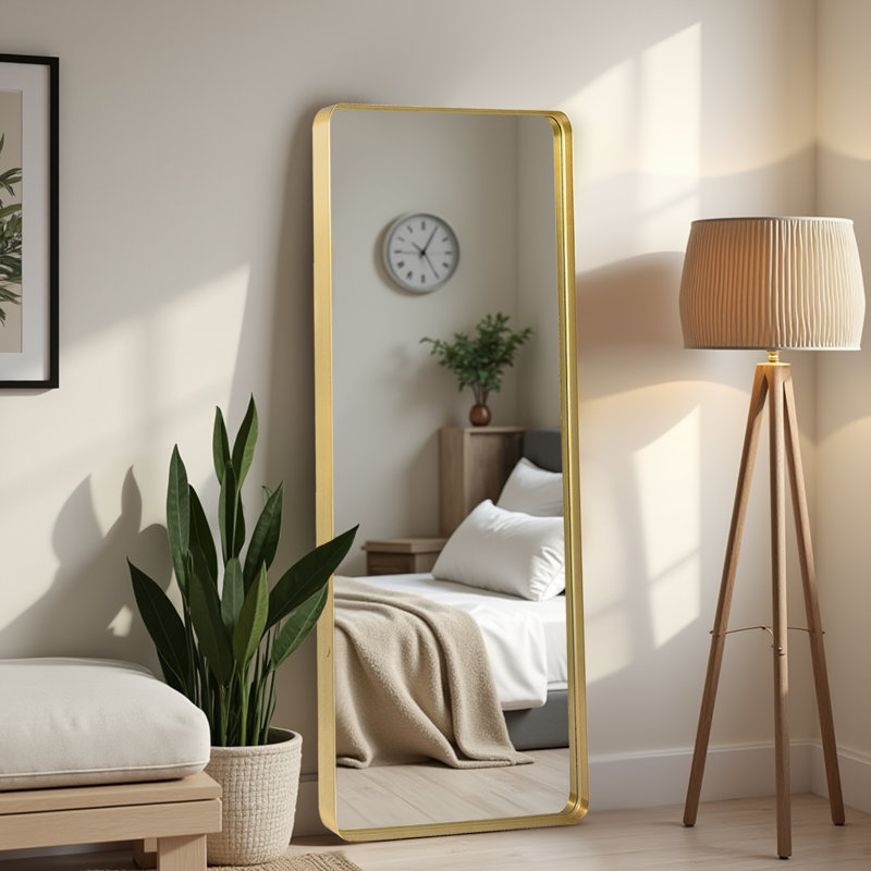 Metal Flat Mirror Full Length Mirror Leaning Mirror, Gold, 64" x 21"