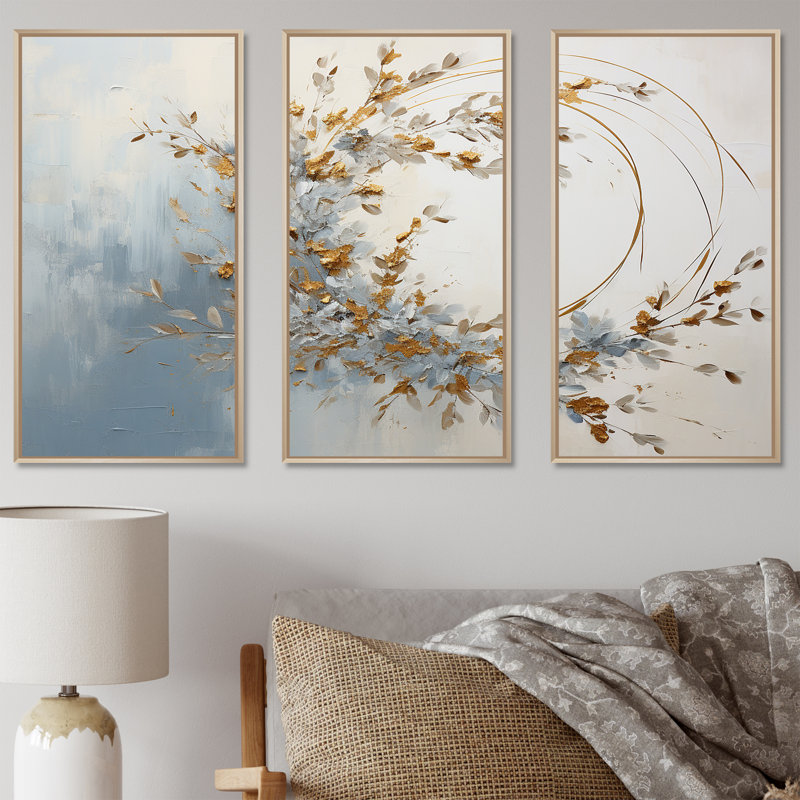 «Blue and Gold Wreath Flower IV - Wreath», ensemble d'art sur toile, Cadre naturel flottant, H 40 po x l 60 po x P 1 po
