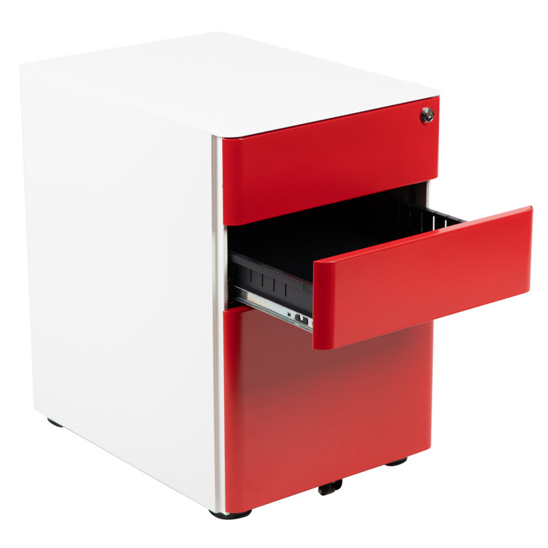 Stephana 3-Drawer Locking Mobile Vertical Filing Cabinet, White/Red