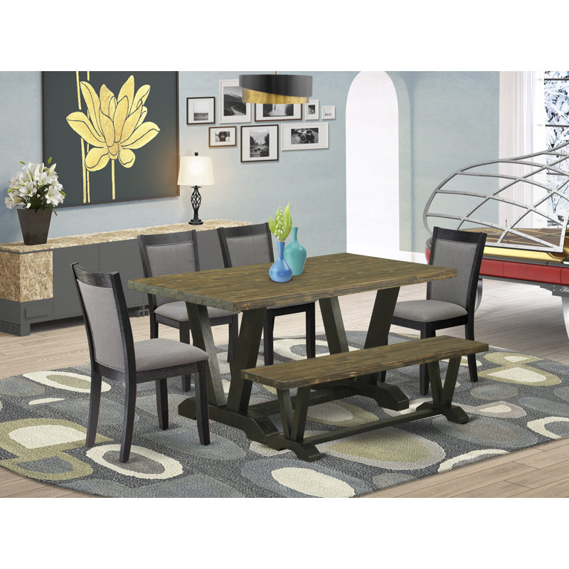 6-pc kitchen dining table set includes a distressed Jacobean wooden table and a wood bench and 4 dark Gotham grey linen fabric kitchen chairs with high back - wire brushed black finish