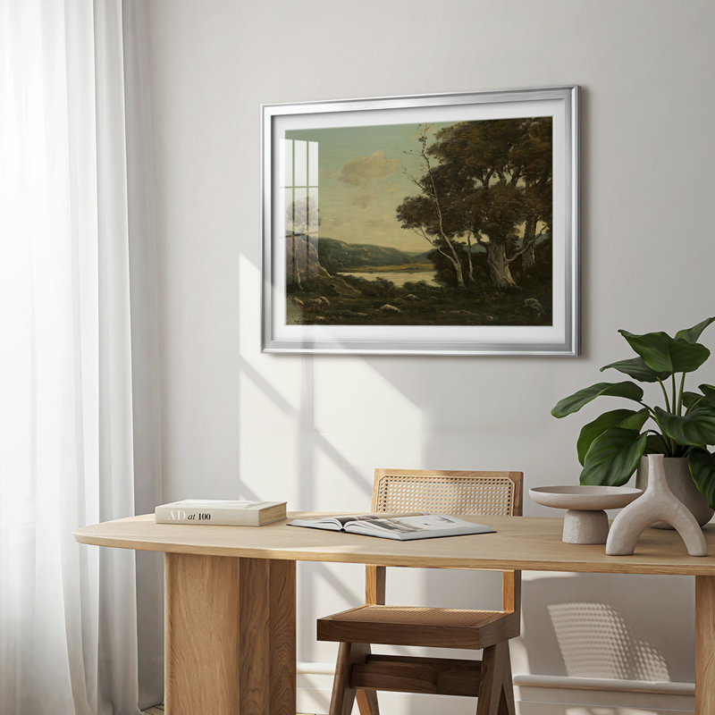 Paysage fluvial avec de grands arbres - Henri Harpignies - Reproduction encadrée avec passe-partout et verre - 1898, Argent