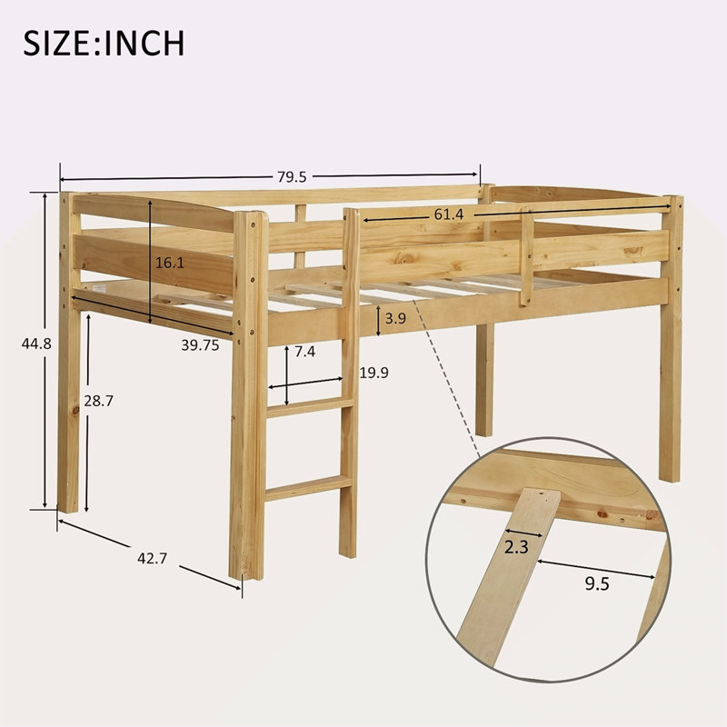 Lit simple mezzanine en bois Lit mezzanine bas avec échelle, lit simple, Noyer