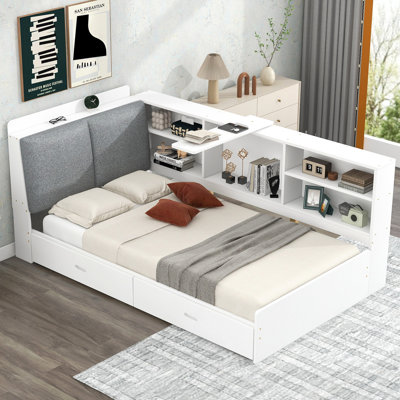 Wood Twin Size Platform Bed With Storage Headboard, Shelves And 2 Drawers, White