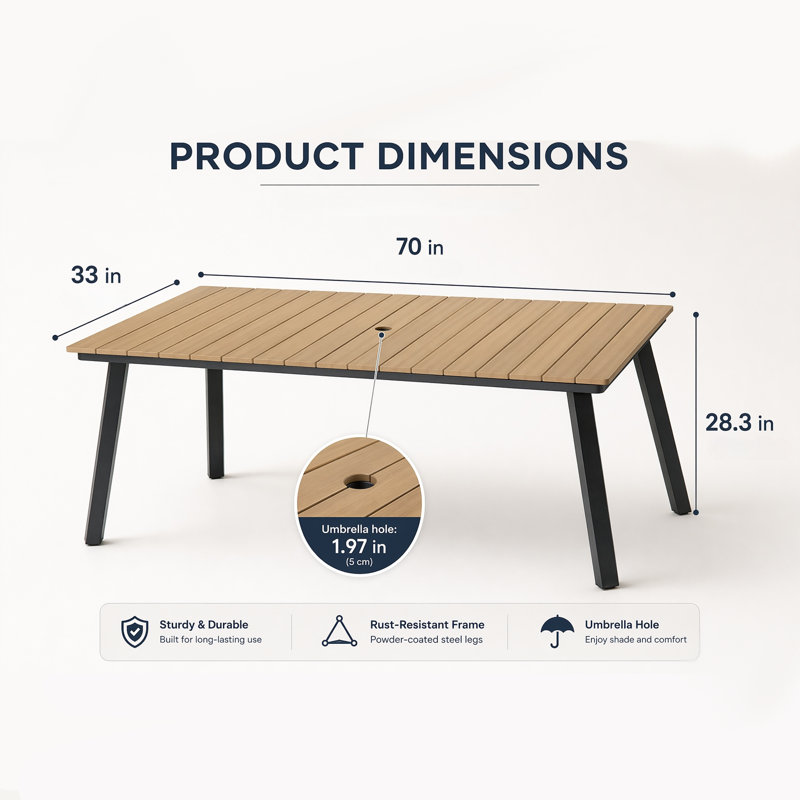 Table de salle à manger extérieure pliante pour 4 à 6 personnes, structure en acier avec trou de parasol pour patio, jardin, cour, terrasse, bord de piscine (jaune)