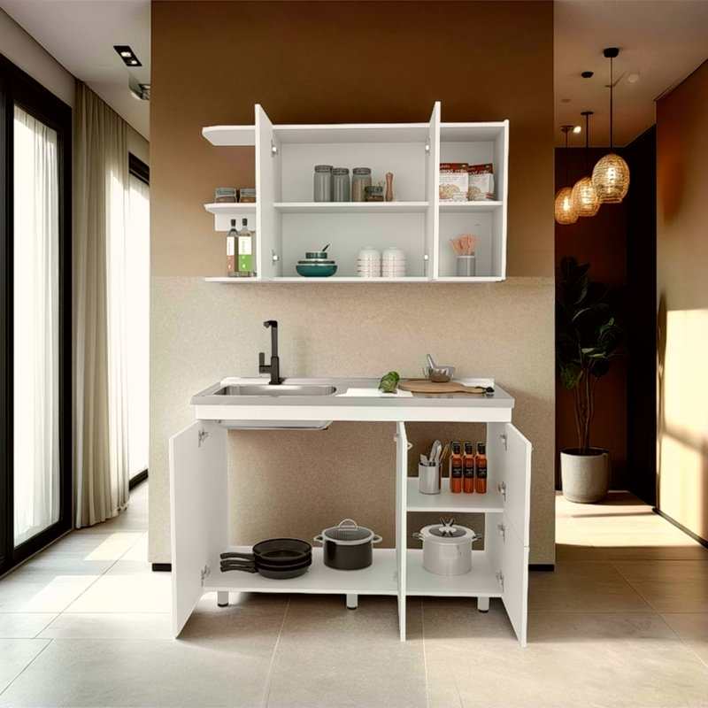 Ensemble d'armoires de cuisine blanches multifonctionnelles avec beaucoup de rangement