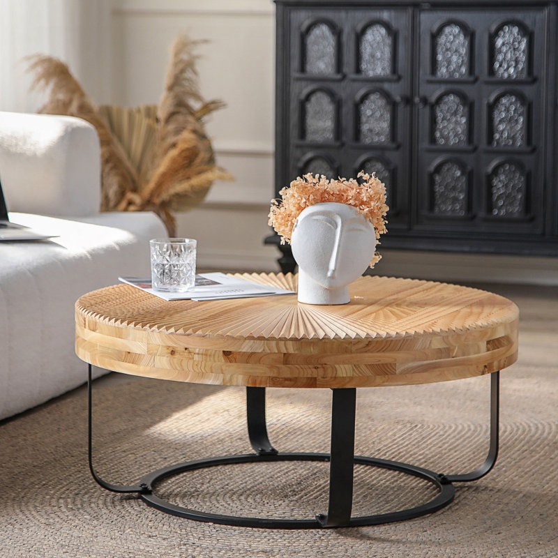 Table basse ronde moderne, table basse à motif sculpté avec pieds en métal, table à thé, Noir