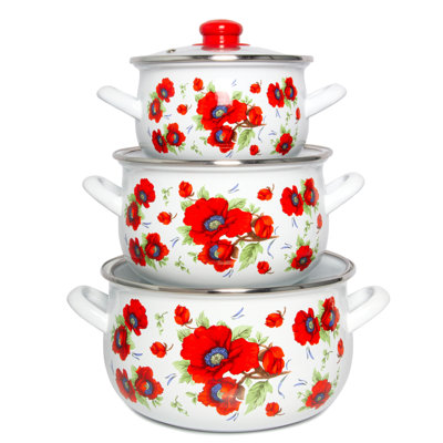Vintage Country Style Pattern Enamel Belly Deep Stock Pot with Glass Lid