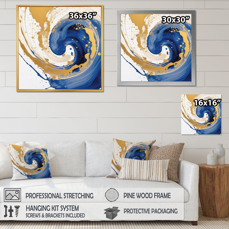 Bleu foncé et spirale dorée III - impression, H 36 po x l 36 po x P 1,5 po, Toile tendue