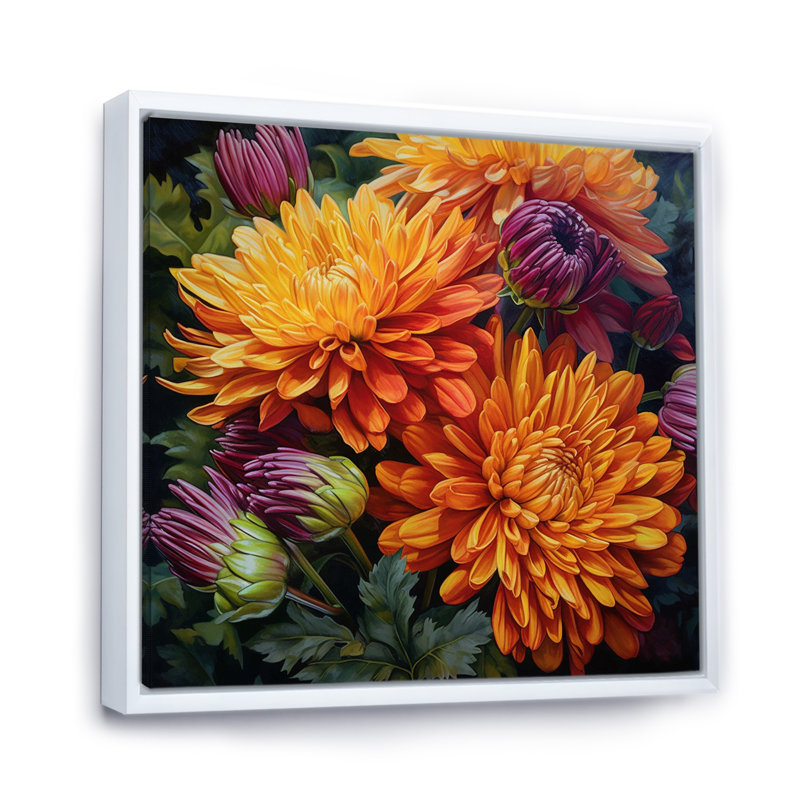 Orange mamans mauves en fleurs sur toile, H 36 po x l 36 po x P 1,5 po, Cadre flottant blanc