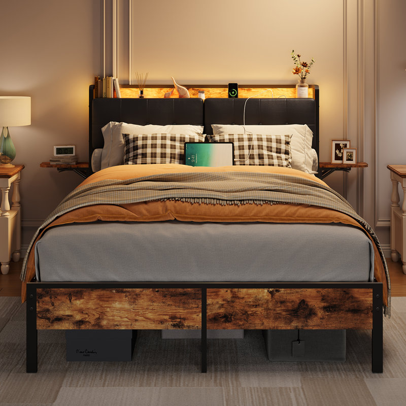 Nottaway Full Size Bed Frame with Upholstered Headboard, Power Outlet, LED Light and 2 Folding Panels, Full