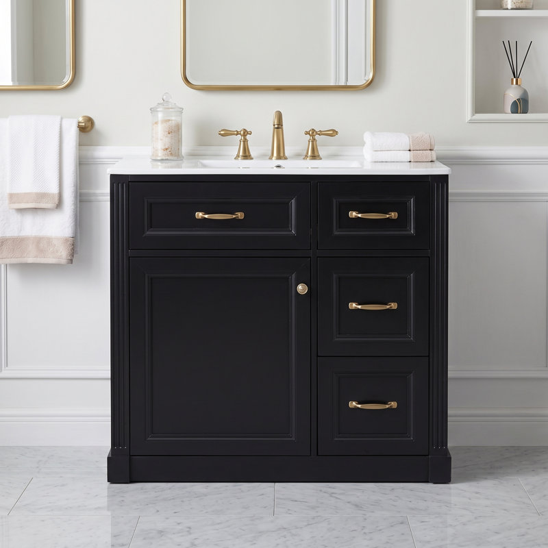 Meuble-lavabo autoportant à un lavabo de 91 cm (36 po) en noir, avec comptoir en céramique et porte d'armoire à fermeture amortie